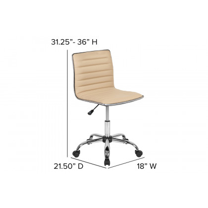 BLNK Alan Low-Back Designer Armless Ribbed Swivel Task Office Chair with Chrome Frame and Base - Tan