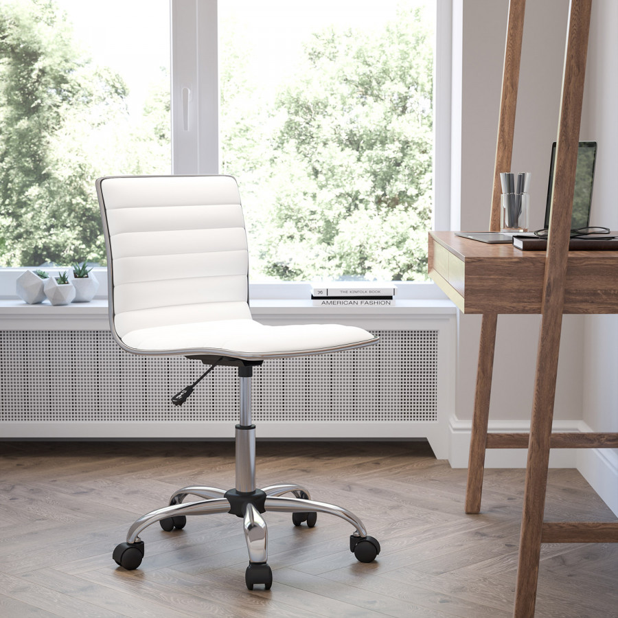BLNK Alan Low-Back Designer Armless Ribbed Swivel Task Office Chair with Chrome Frame and Base - White
