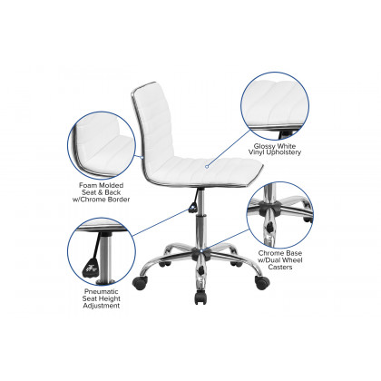 BLNK Alan Low-Back Designer Armless Ribbed Swivel Task Office Chair with Chrome Frame and Base - White