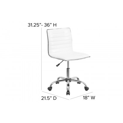 BLNK Alan Low-Back Designer Armless Ribbed Swivel Task Office Chair with Chrome Frame and Base - White