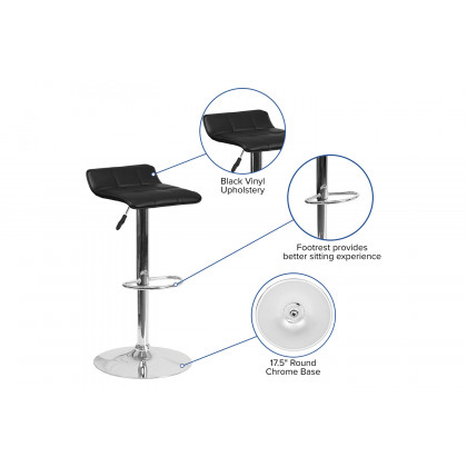 BLNK Mark Vinyl Adjustable Height Bar Stool with Quilted Wave Seat and Chrome Base - Black