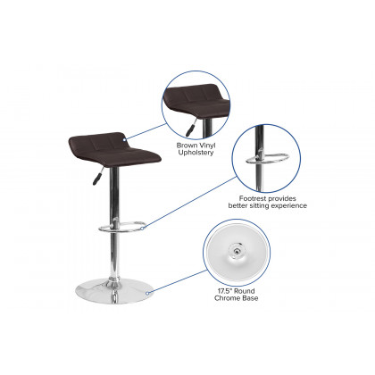 BLNK Mark Vinyl Adjustable Height Bar Stool with Quilted Wave Seat and Chrome Base - Brown