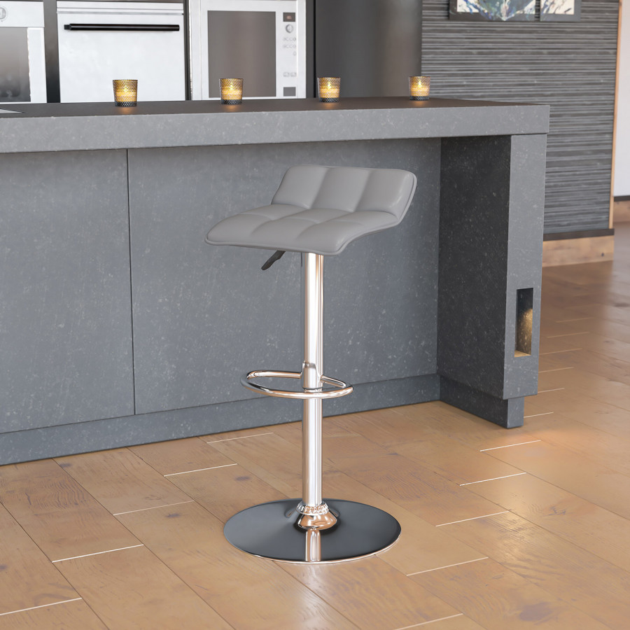 BLNK Mark Vinyl Adjustable Height Bar Stool with Quilted Wave Seat and Chrome Base - Gray