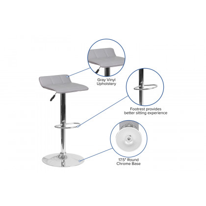 BLNK Mark Vinyl Adjustable Height Bar Stool with Quilted Wave Seat and Chrome Base - Gray