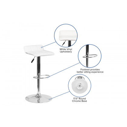 BLNK Mark Vinyl Adjustable Height Bar Stool with Quilted Wave Seat and Chrome Base - White