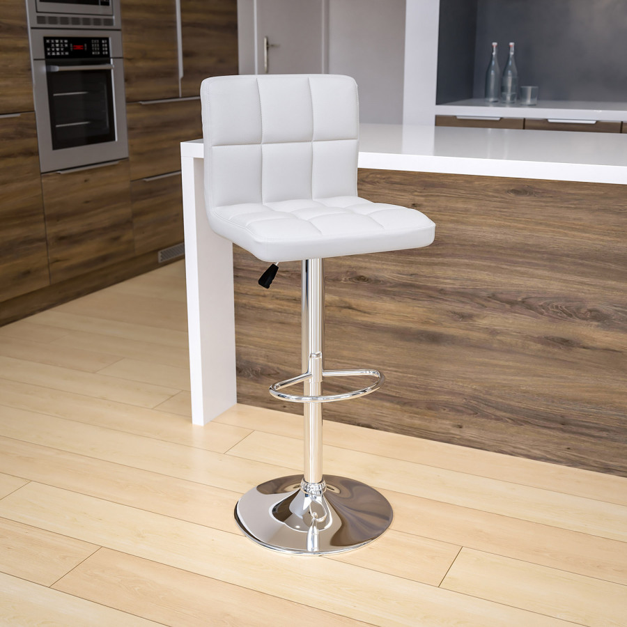 BLNK Kathleen Quilted Vinyl Adjustable Height Bar Stool with Chrome Base - White
