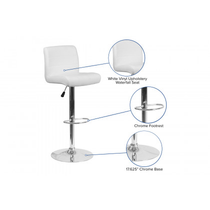 BLNK Scott Vinyl Adjustable Height Bar Stool with Rolled Seat and Chrome Base - White