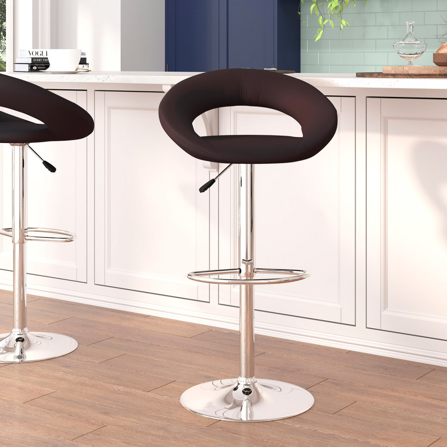 BLNK Brook Vinyl Rounded Orbit-Style Back Adjustable Height Bar Stool with Chrome Base - Brown