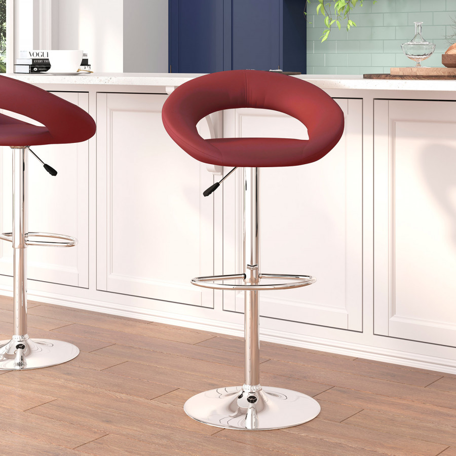 BLNK Brook Vinyl Rounded Orbit-Style Back Adjustable Height Bar Stool with Chrome Base - Burgundy