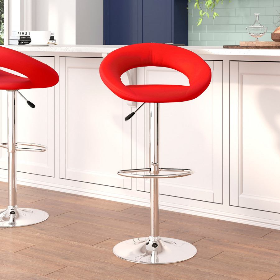 BLNK Brook Vinyl Rounded Orbit-Style Back Adjustable Height Bar Stool with Chrome Base - Red