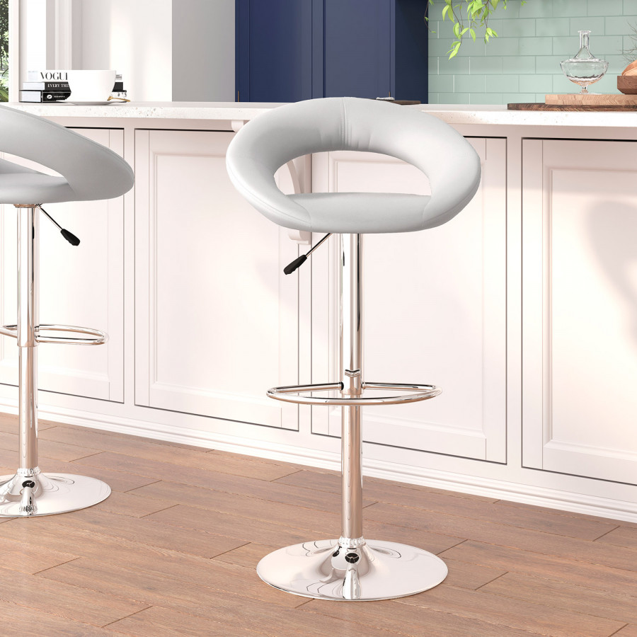 BLNK Brook Vinyl Rounded Orbit-Style Back Adjustable Height Bar Stool with Chrome Base - White