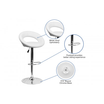 BLNK Brook Vinyl Rounded Orbit-Style Back Adjustable Height Bar Stool with Chrome Base - White