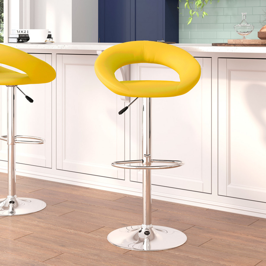 BLNK Brook Vinyl Rounded Orbit-Style Back Adjustable Height Bar Stool with Chrome Base - Yellow