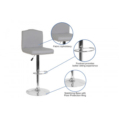 BLNK Bellagio Fabric Adjustable Height Bar Stool with Accent Nail Trim - Light Gray