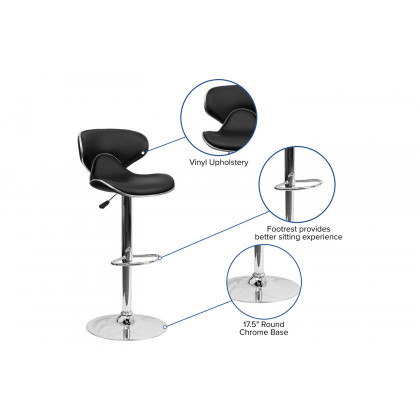 BLNK Devin Vinyl Cozy Mid-Back Adjustable Height Bar Stool with Chrome Base - Black