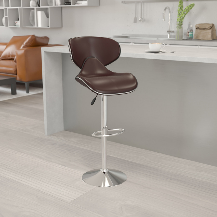 BLNK Devin Vinyl Cozy Mid-Back Adjustable Height Bar Stool with Chrome Base - Brown