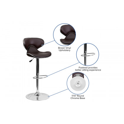 BLNK Devin Vinyl Cozy Mid-Back Adjustable Height Bar Stool with Chrome Base - Brown