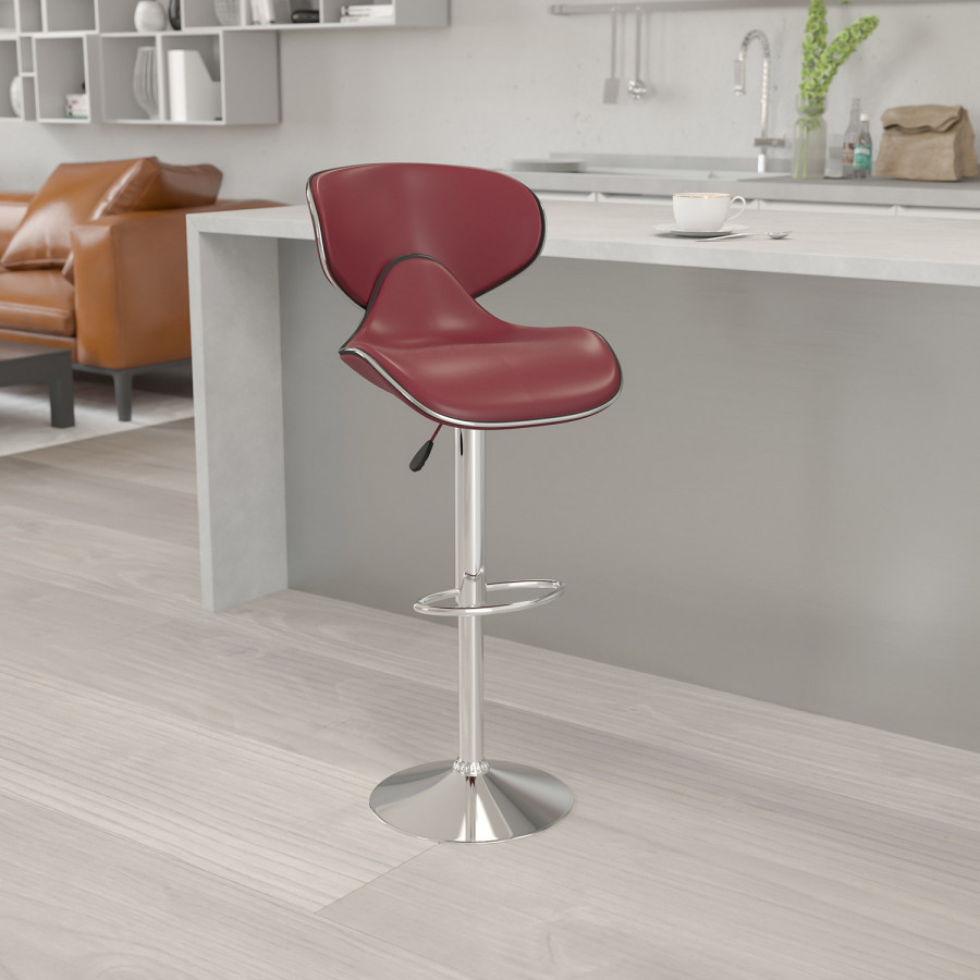 BLNK Devin Vinyl Cozy Mid-Back Adjustable Height Bar Stool with Chrome Base - Burgundy