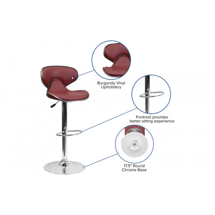 BLNK Devin Vinyl Cozy Mid-Back Adjustable Height Bar Stool with Chrome Base - Burgundy