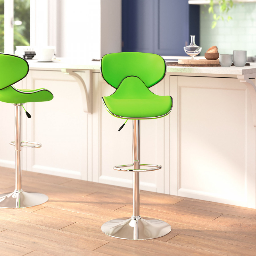 BLNK Devin Vinyl Cozy Mid-Back Adjustable Height Bar Stool with Chrome Base - Green