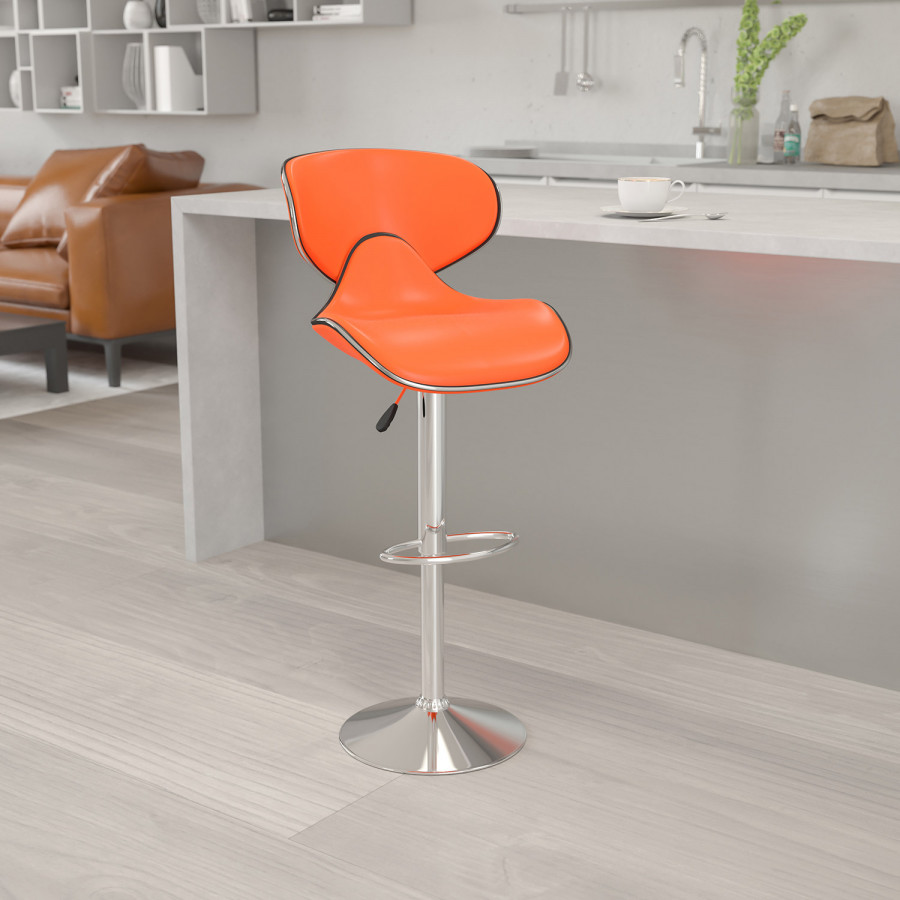 BLNK Devin Vinyl Cozy Mid-Back Adjustable Height Bar Stool with Chrome Base - Orange