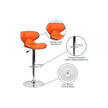 BLNK Devin Vinyl Cozy Mid-Back Adjustable Height Bar Stool with Chrome Base - Orange