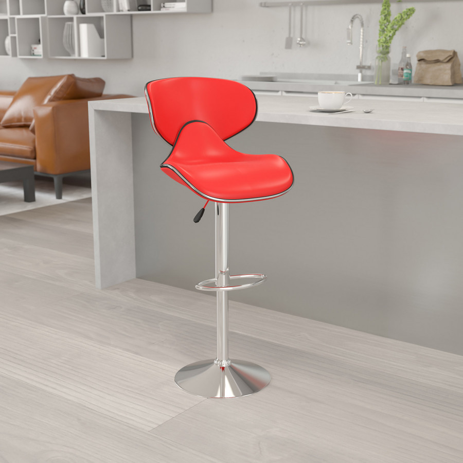 BLNK Devin Vinyl Cozy Mid-Back Adjustable Height Bar Stool with Chrome Base - Red