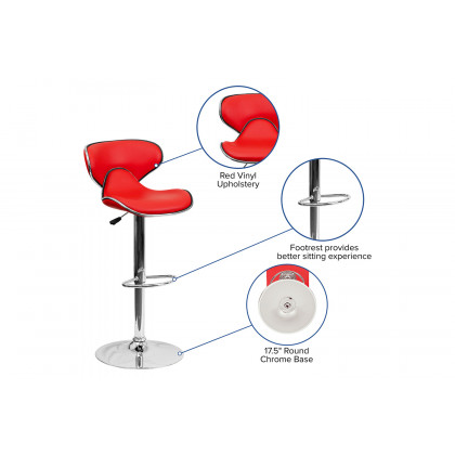 BLNK Devin Vinyl Cozy Mid-Back Adjustable Height Bar Stool with Chrome Base - Red