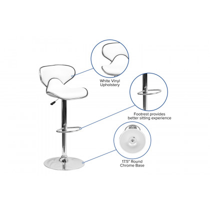 BLNK Devin Vinyl Cozy Mid-Back Adjustable Height Bar Stool with Chrome Base - White