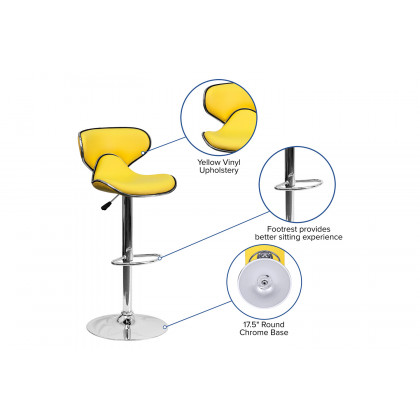 BLNK Devin Vinyl Cozy Mid-Back Adjustable Height Bar Stool with Chrome Base - Yellow