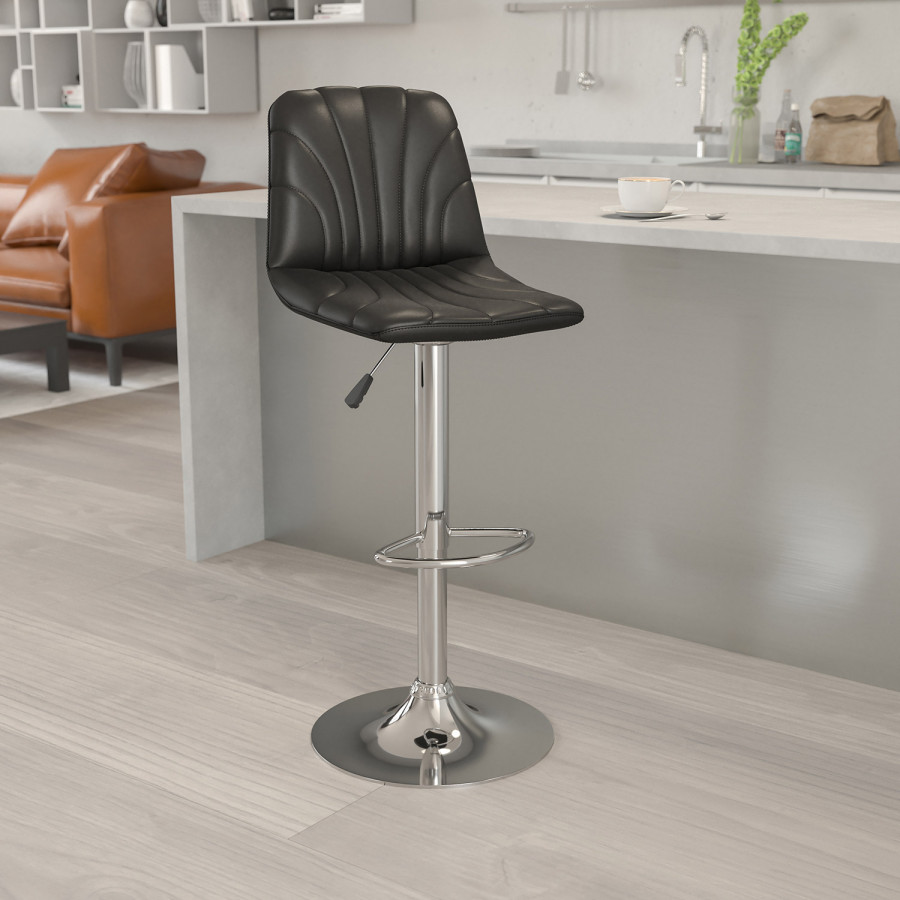 BLNK - Williams Black Vinyl Adjustable Height Bar Stool with Embellished Stitch Design and Chrome Base