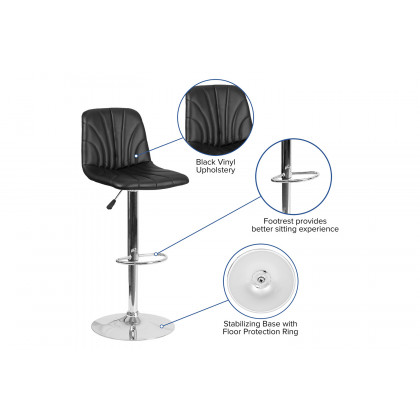 BLNK - Williams Black Vinyl Adjustable Height Bar Stool with Embellished Stitch Design and Chrome Base