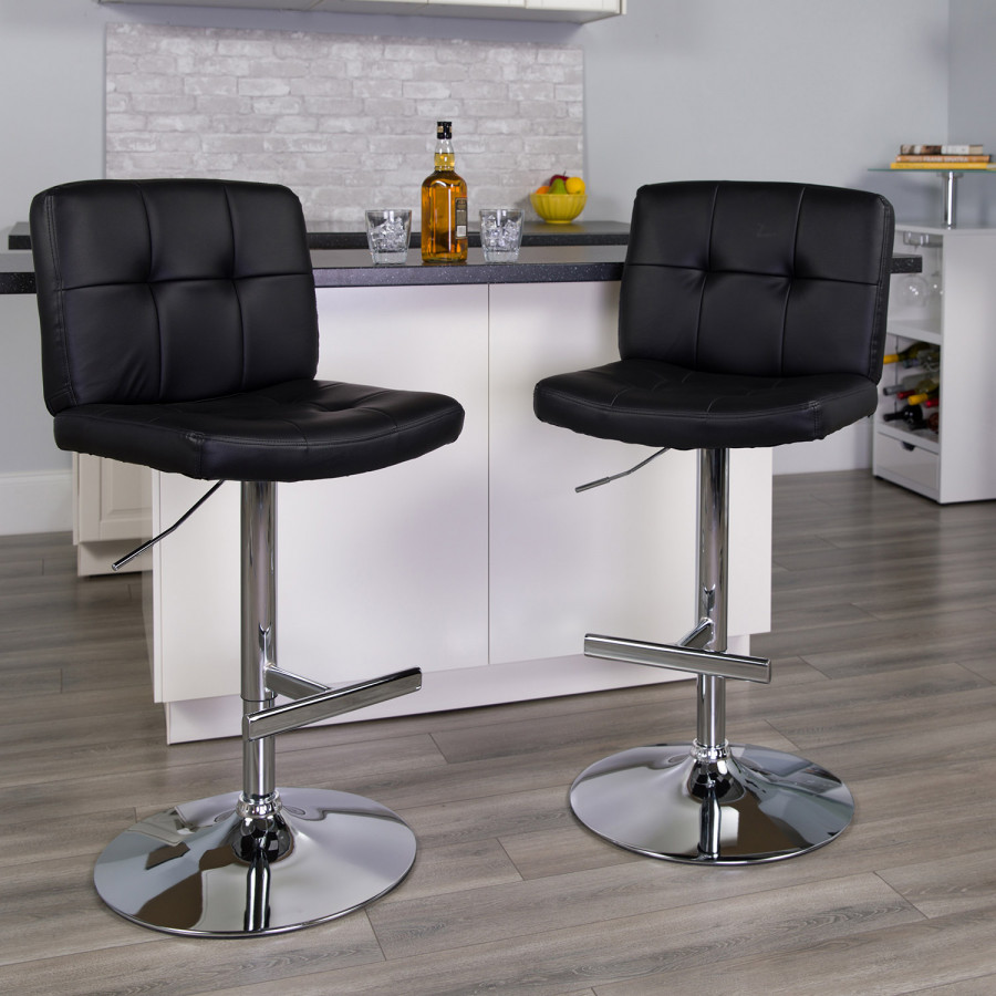 BLNK - Sterling Black Vinyl Adjustable Height Bar Stool with Square Tufted Back and Chrome Base