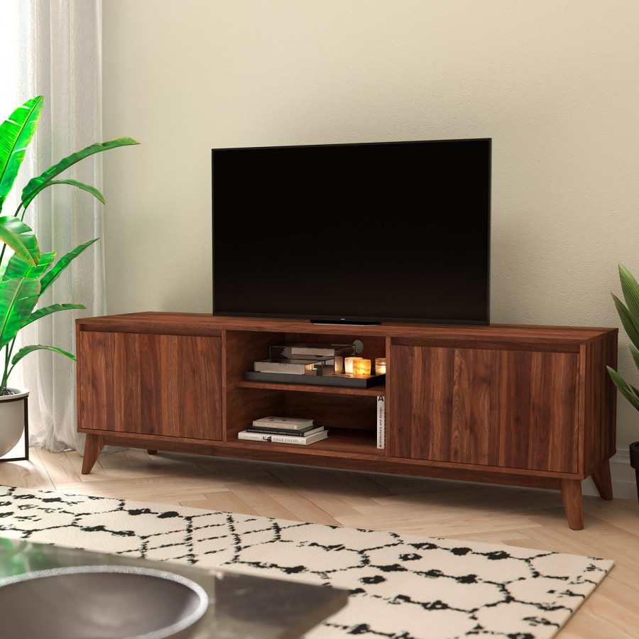 BLNK - Hatfield Mid-Century Modern TV Stand in Walnut for up to 65" TV's with Adjustable Center Shelf and Dual Soft Close Doors
