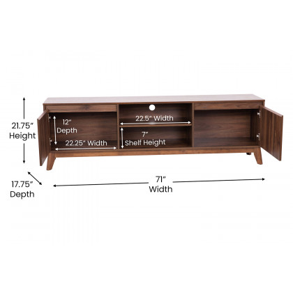 BLNK - Hatfield Mid-Century Modern TV Stand in Walnut for up to 65" TV's with Adjustable Center Shelf and Dual Soft Close Doors