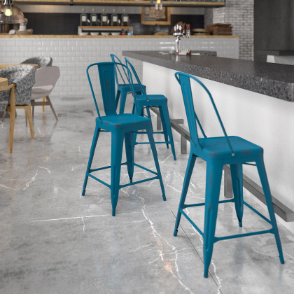 BLNK - Carly Commercial Metal Distressed Indoor-Outdoor Counter Height Stool