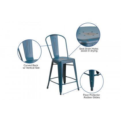 BLNK Carly Commercial Metal Distressed Indoor-Outdoor Counter Height Stool - Antique Blue