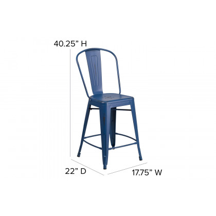 BLNK Carly Commercial Metal Distressed Indoor-Outdoor Counter Height Stool - Antique Blue