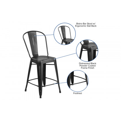 BLNK Carly Commercial Metal Distressed Indoor-Outdoor Counter Height Stool - Black