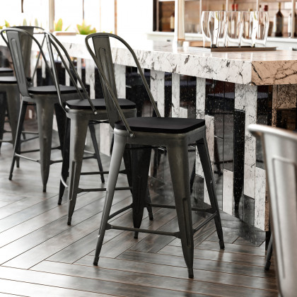 BLNK - Carly Commercial Metal Indoor-Outdoor Counter Height Stool with Poly Resin Wood Seat