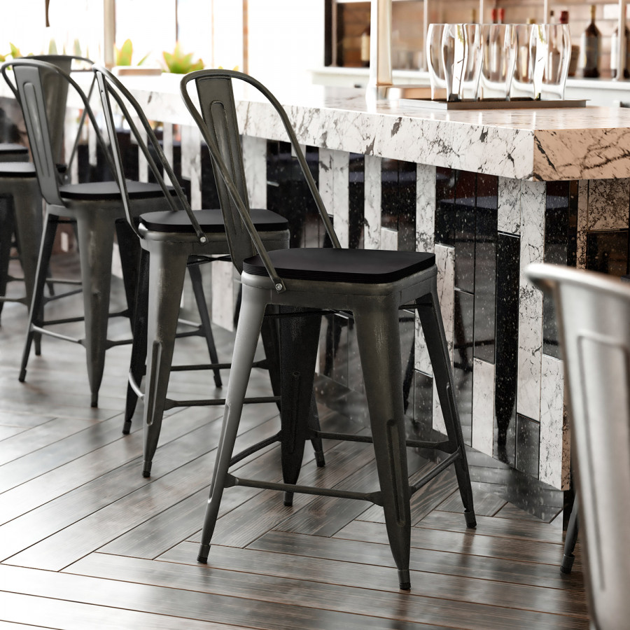 BLNK Carly Commercial Metal Indoor-Outdoor Counter Height Stool with Poly Resin Wood Seat - Black