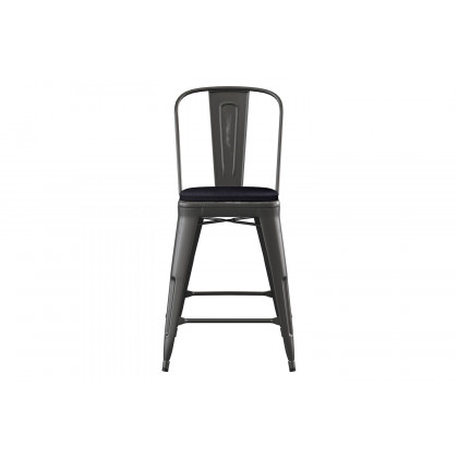 BLNK Carly Commercial Metal Indoor-Outdoor Counter Height Stool with Poly Resin Wood Seat - Black