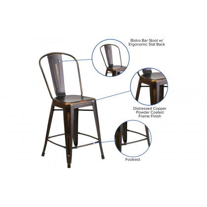 BLNK Carly Commercial Metal Distressed Indoor-Outdoor Counter Height Stool - Copper
