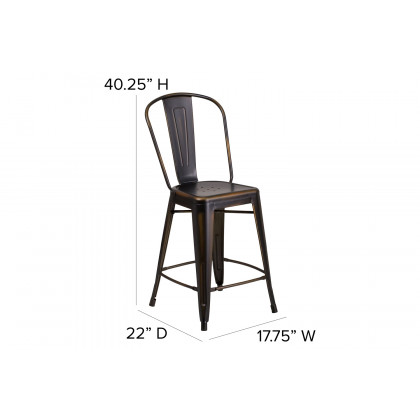 BLNK - Carly Commercial Indoor-Outdoor Copper Metal Counter Height Stool with Back with Black Poly Resin Wood Seat