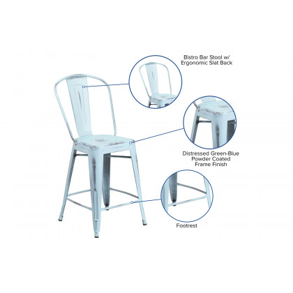BLNK Carly Commercial Metal Distressed Indoor-Outdoor Counter Height Stool - Green/Blue