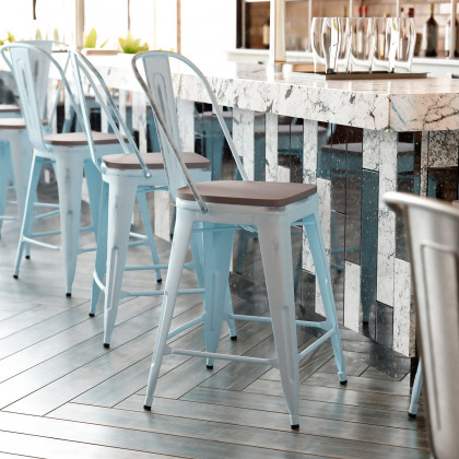 BLNK - Carly Commercial Metal Indoor-Outdoor Counter Height Stool with Poly Resin Wood Seat