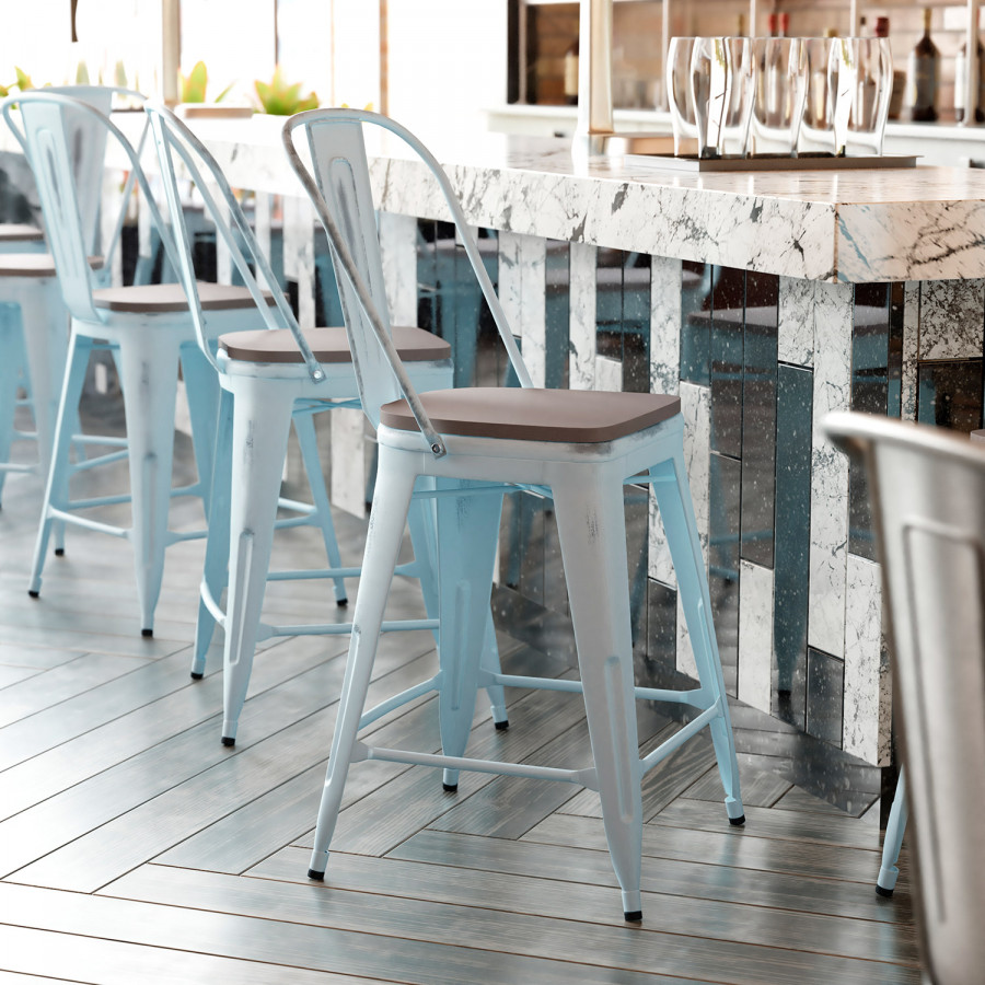 BLNK Carly Commercial Metal Indoor-Outdoor Counter Height Stool with Poly Resin Wood Seat - Green-Blue/Gray