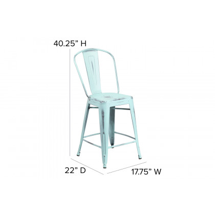 BLNK Carly Commercial Metal Indoor-Outdoor Counter Height Stool with Poly Resin Wood Seat - Green-Blue/Gray