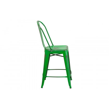 BLNK Carly Commercial Metal Distressed Indoor-Outdoor Counter Height Stool - Green