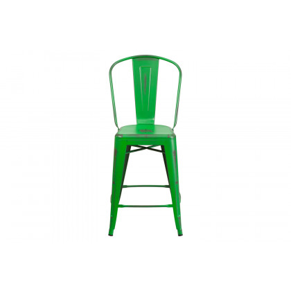 BLNK Carly Commercial Metal Distressed Indoor-Outdoor Counter Height Stool - Green